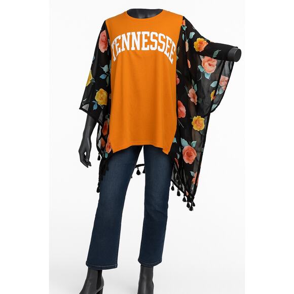 Tennessee Orange Tee Sheer Floral Kimono Tassel Sleeves Top Upcycled Custom - Picture 1 of 5
